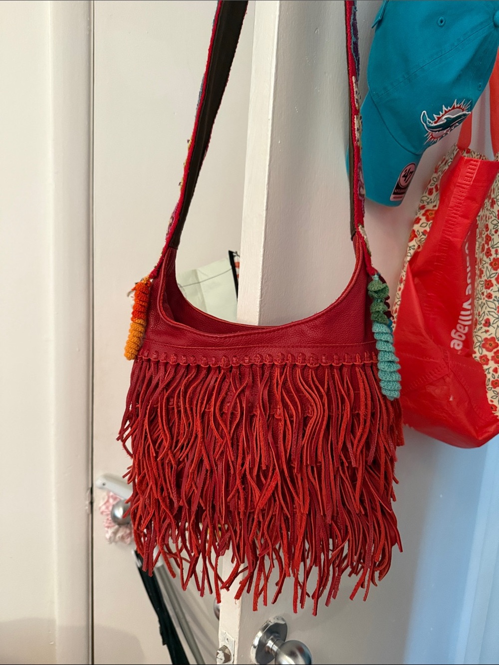 Red Fringe Shoulder Bag with Embroidered Strap